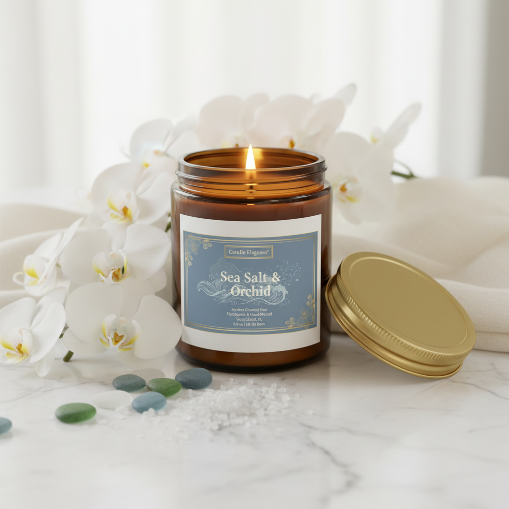 A lit amber glass candle jar labeled 'Sea Salt & Orchid' by Scents of Calm, shown with its gold lid beside it on a marble surface, surrounded by white orchids, sea glass pebbles, and a few scattered salt crystals.
