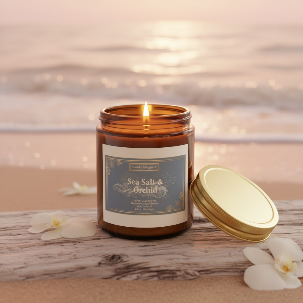 An amber glass jar candle labeled 'Sea Salt & Orchid' by Candy Dragonfly, lit with a small flame, set on a beach log with a gold lid beside it and white orchids in the foreground, against a blurred ocean sunset background.