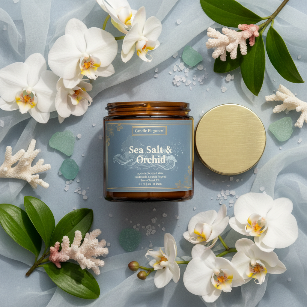 A jar candle labeled 'Sea Salt & Orchid' by Candle Elegance, shown with its gold lid beside it on a light blue fabric backdrop, surrounded by white orchids, green leaves, and small coral pieces.