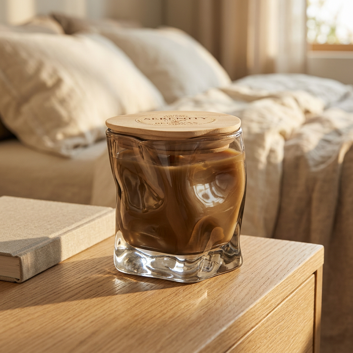 Serenity candle in a softly sunlit linen bedroom