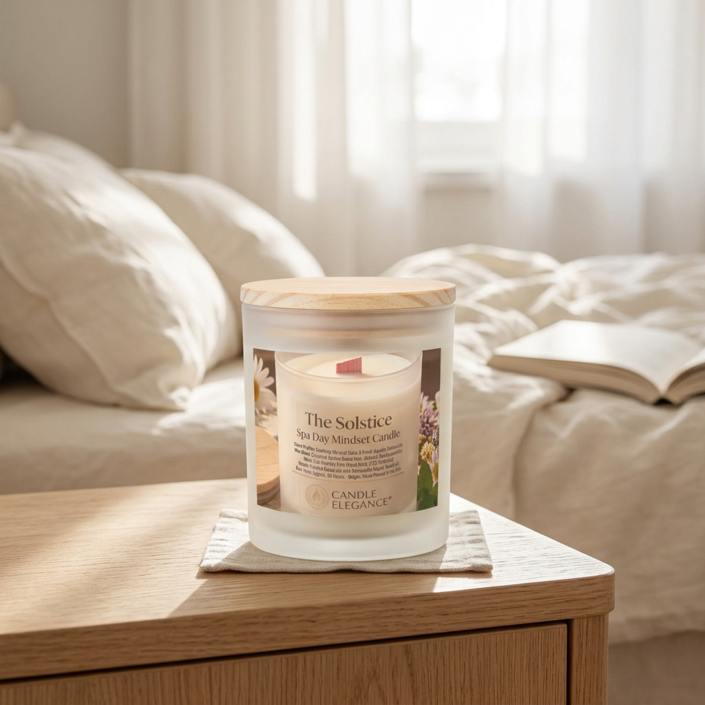 Solstice candle in a serene linen bedroom