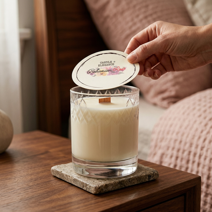 Someone lifting the dust cover off the Bohemian Rose candle