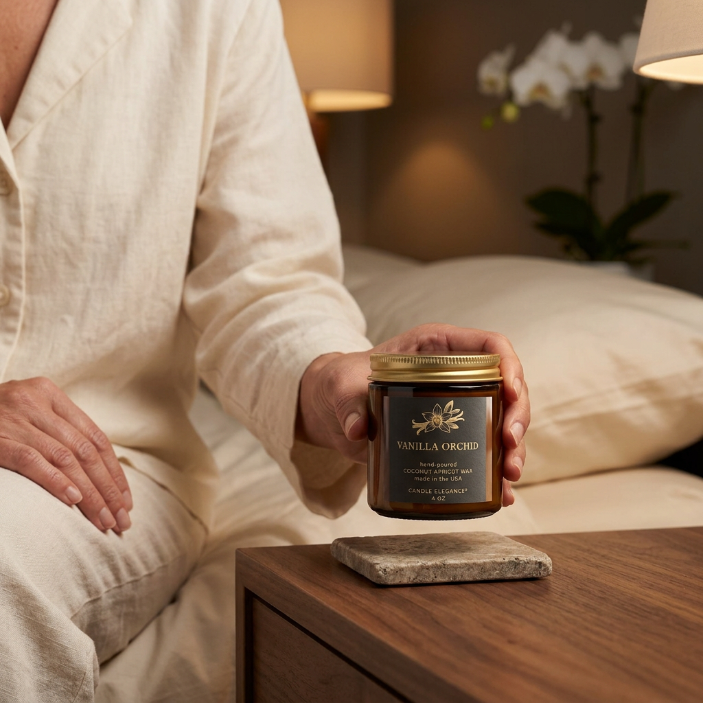 Someone placing an unlit Vanilla Orchid candle on a walnut nightstand