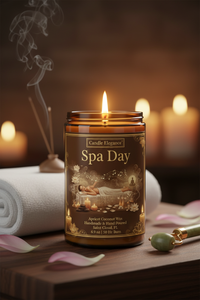 A lit amber glass jar candle labeled 'Spa Day' by Candle Elegance, placed on a wooden surface with rolled towels, pink petals, and blurred candles in the background.