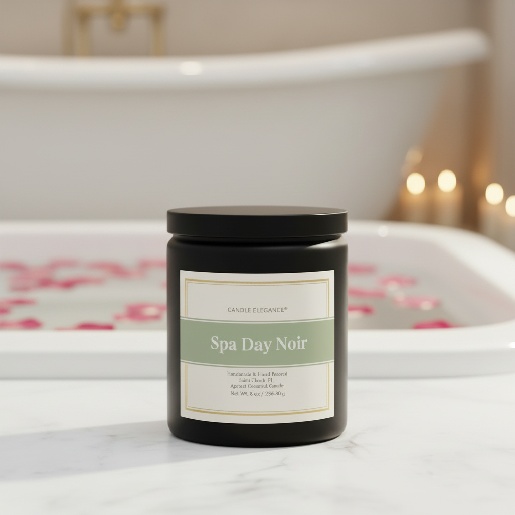 A black jar candle labeled 'Spa Day Noir' by Candle Elegance, placed on a white marble surface in front of a blurred bathtub with pink petals and warm lights.