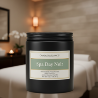 A matte black candle jar labeled 'Spa Day Noir' by Candle Elegance, set on a white draped table in a softly blurred spa-like room with warm lighting.