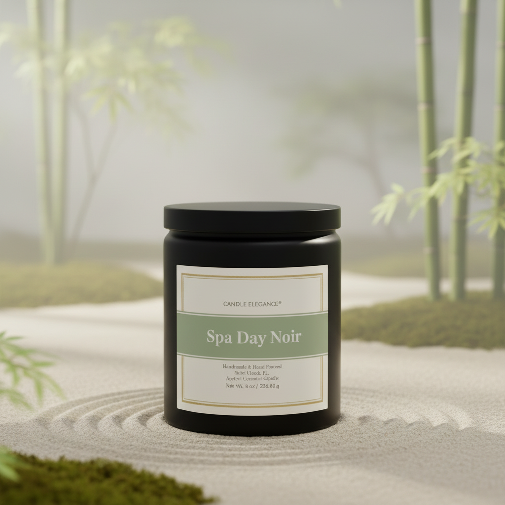 A black jar candle labeled 'Spa Day Noir' by Candle Elegance, placed on white sand in a zen garden with raked lines and blurred bamboo in the background.