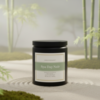 A black jar candle labeled 'Spa Day Noir' by Candle Elegance, placed on white sand in a zen garden with raked lines and blurred bamboo in the background.