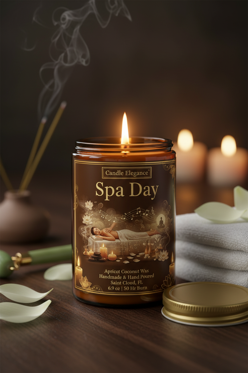 A lit amber glass candle jar labeled 'Spa Day' by Candle Elegance, placed on a wooden surface with a gold lid beside it. The scene includes incense sticks, folded towels, and soft blurred candles in the background, creating a spa-like atmosphere.