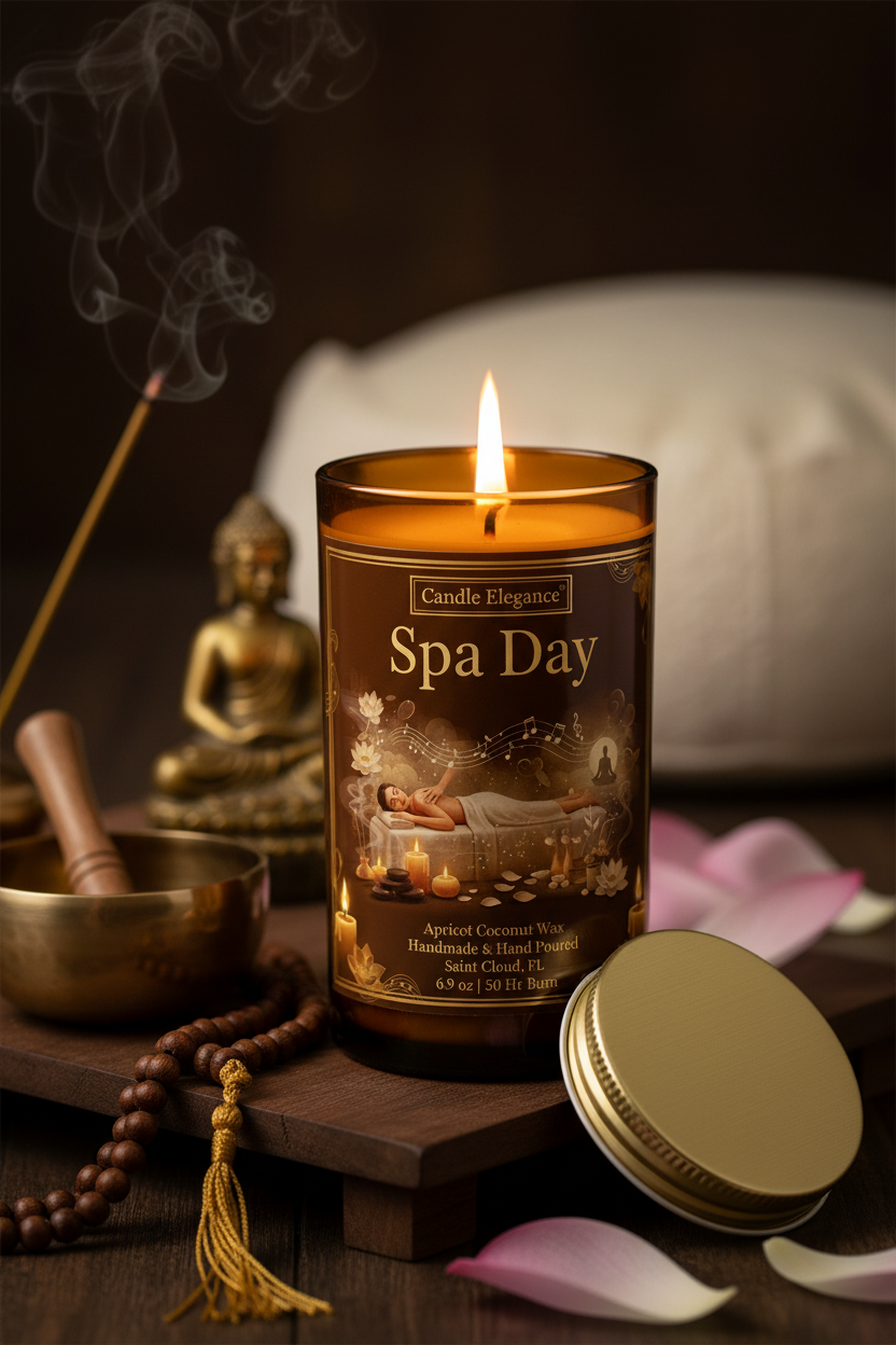 A lit 'Spa Day' candle in a dark amber glass jar sits on a wooden tray with its gold lid beside it. The scene is styled with pink petals, a brass bowl, a incense stick, and a small Buddha statue against a dark, atmospheric background.