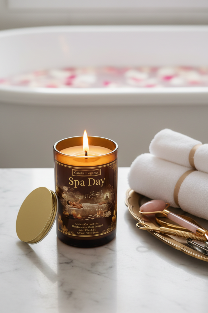 A lit 'Spa Day' scented candle by Candle Legend in a dark amber glass jar, shown on a marble surface with its gold lid beside it, next to rolled white towels and a gold tray with massage tools, with a blurred bathtub in the background.