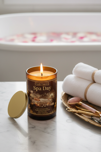 A lit 'Spa Day' scented candle by Candle Legend in a dark amber glass jar, shown on a marble surface with its gold lid beside it, next to rolled white towels and a gold tray with massage tools, with a blurred bathtub in the background.