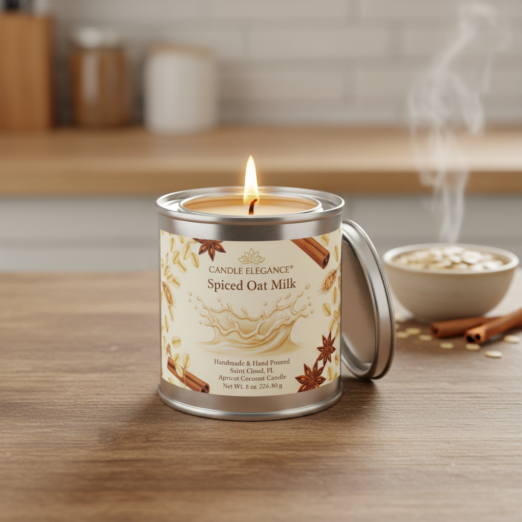 A lit Candle Elegance Spiced Oat Milk scented candle in a silver metal tin with its lid leaning against it, set on a wooden table with cinnamon sticks and a bowl of oats in a softly blurred kitchen background.