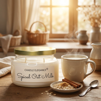 Spiced Oat Milk candle in a cozy kitchen with oats and cinnamon
