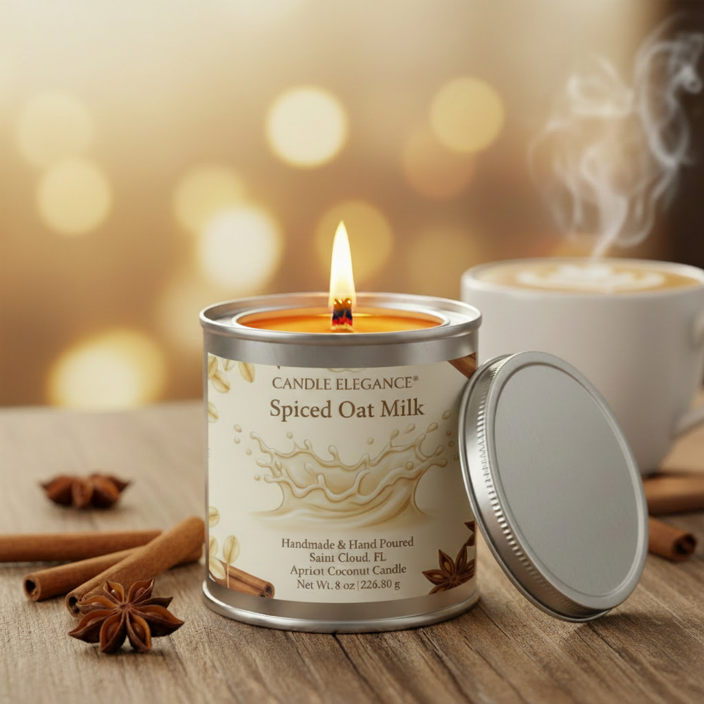 A lit candle in a silver tin labeled 'Candle Elegance Spiced Oat Milk' sits on a wooden surface with cinnamon sticks and star anise, while a steaming mug appears blurred in the background against warm bokeh lights.