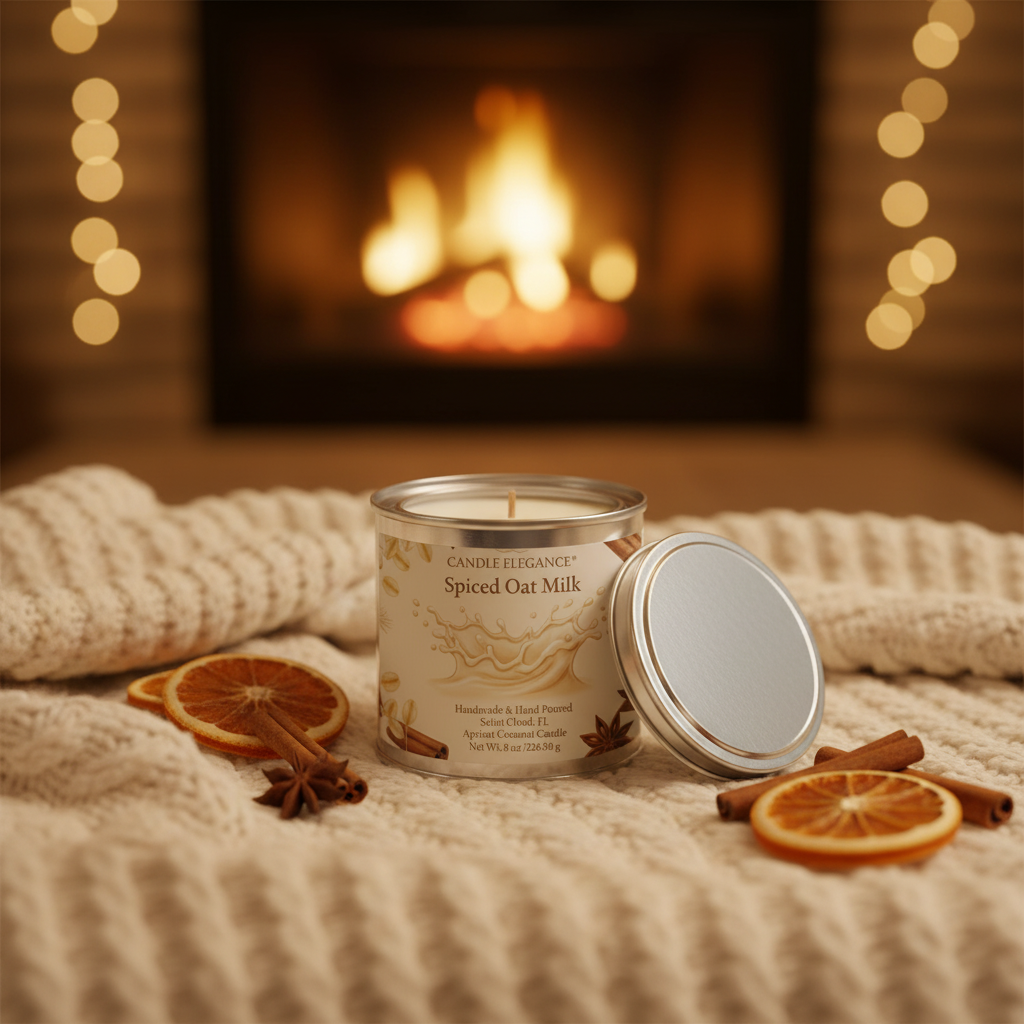 A candle tin labeled CANDLE ELEGANCY Spiced Oat Milk sits on a cream knit blanket in front of a warm fireplace, with dried orange slices, cinnamon sticks, and star anise around it.