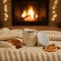 A candle tin labeled CANDLE ELEGANCY Spiced Oat Milk sits on a cream knit blanket in front of a warm fireplace, with dried orange slices, cinnamon sticks, and star anise around it.