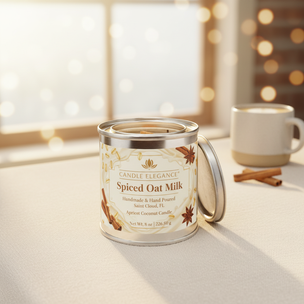 A tin candle labeled Candle Elegance Spiced Oat Milk sits on a light tabletop with its lid leaning beside it. A warm window glow, cinnamon sticks, and a mug are softly blurred in the background, creating a cozy indoor setting.