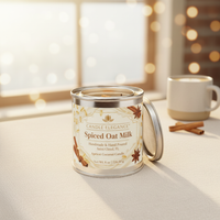 A tin candle labeled Candle Elegance Spiced Oat Milk sits on a light tabletop with its lid leaning beside it. A warm window glow, cinnamon sticks, and a mug are softly blurred in the background, creating a cozy indoor setting.