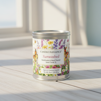 A silver metal candle tin labeled 'Candle Elegance Sunwashed' sits on a light wood surface near a window. The label features a floral and butterfly pattern, and the background is softly blurred with natural light coming from the window.