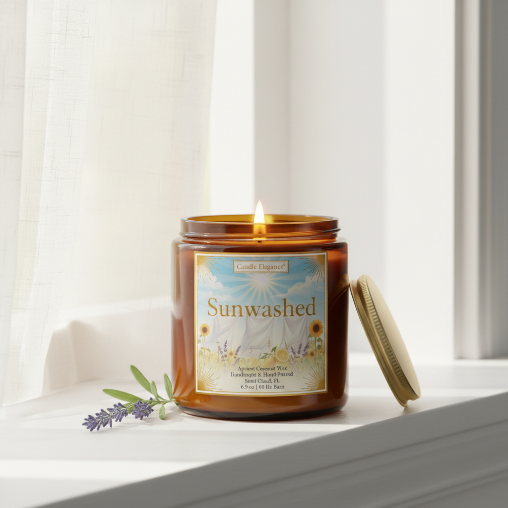 An amber glass jar candle labeled 'Sunwashed' by Candle Elegance, lit on a windowsill with a cream lid leaning beside it and a small lavender sprig nearby.