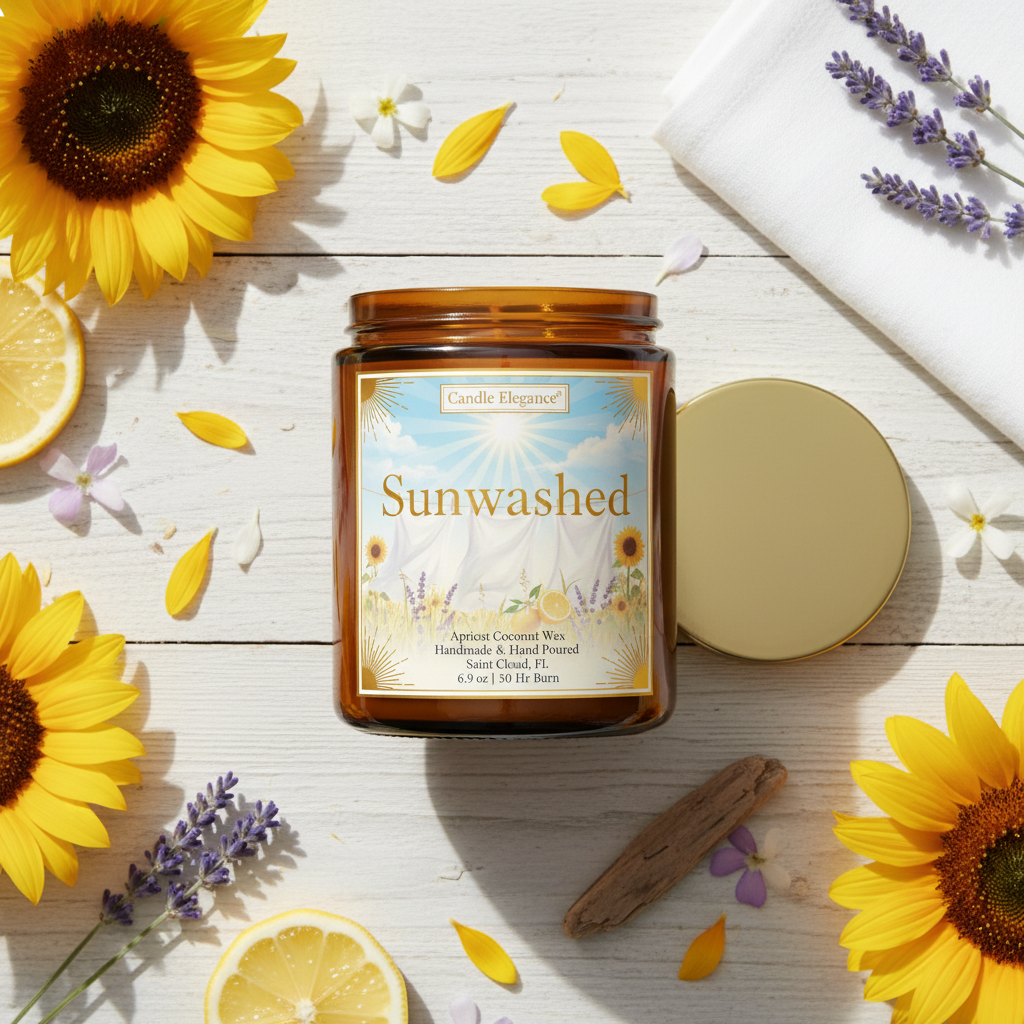 An amber glass jar candle labeled 'Sunwashed' by Candle Elegance, styled in a flat lay with sunflowers, lavender, lemon slices, a cinnamon stick, a gold tin lid, and a white cloth on a white wood background.