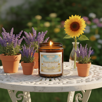 A lit amber glass jar candle labeled 'Sunwashed' sits on a white wrought-iron table, surrounded by potted lavender plants and a single sunflower in a glass vase against a blurred garden background.