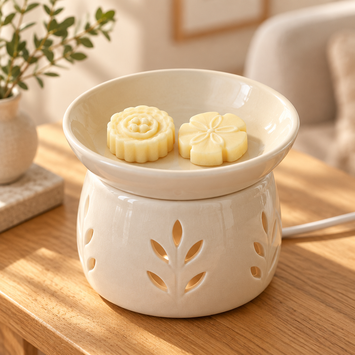 Two floral wax melts in an electric warmer’s top dish