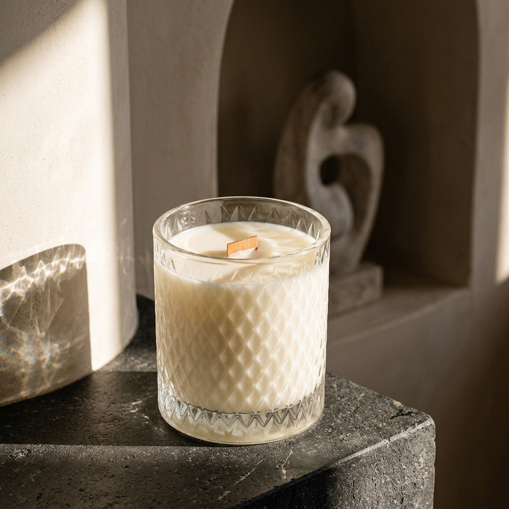 Unlit Bare Essence candle in a sculptural alcove with dramatic afternoon shadows