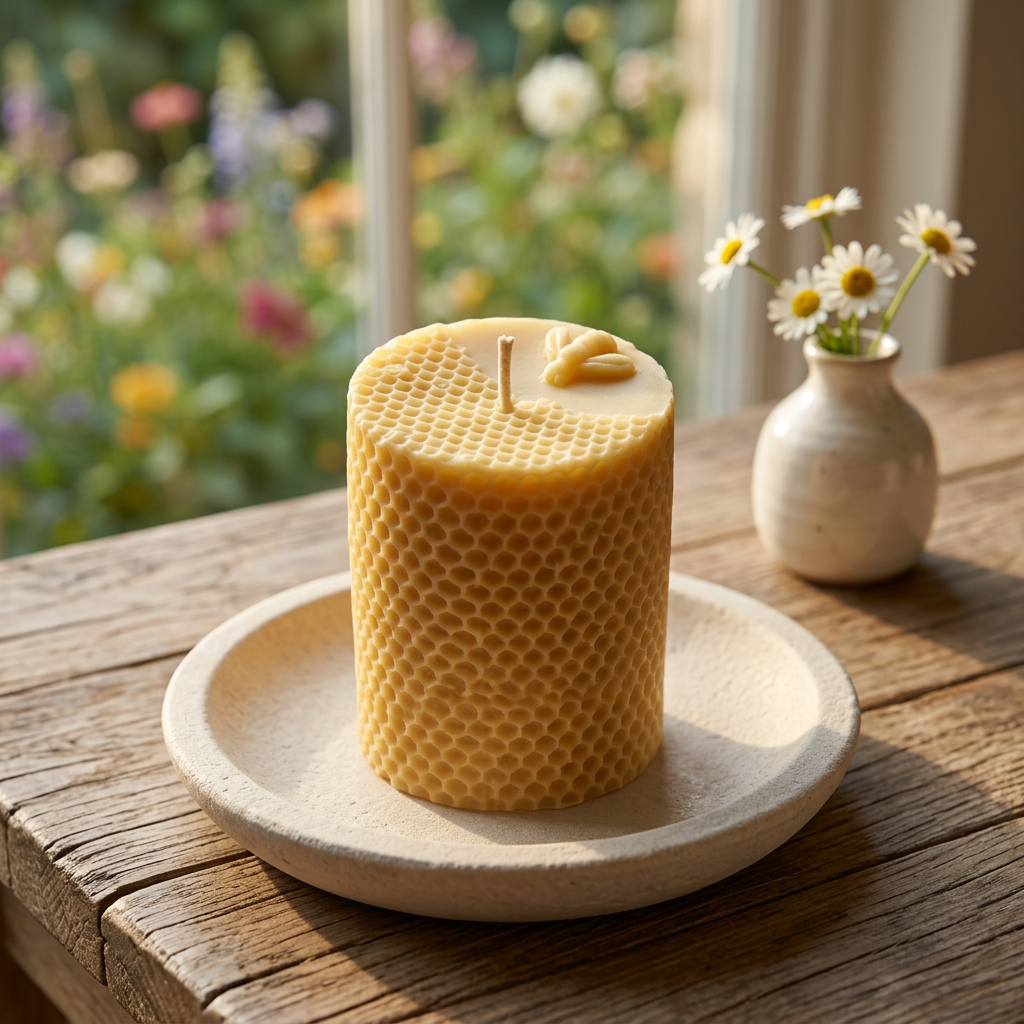 Unlit Bee Pillar candle in a cottage garden room