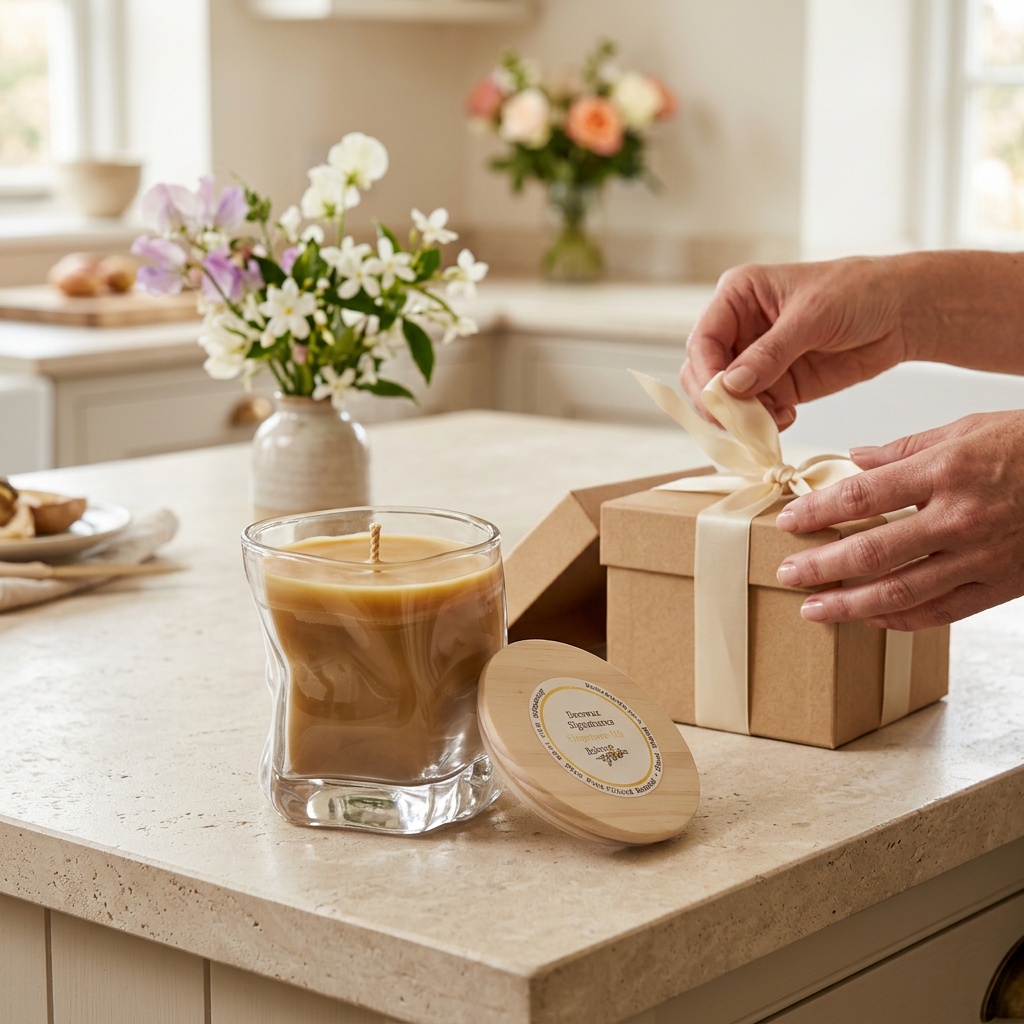 Unlit beeswax candle in a gifting scene