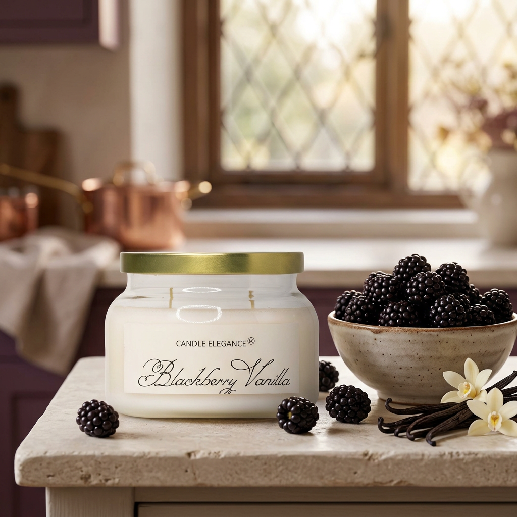Unlit Blackberry Vanilla candle with blackberries and vanilla in a sunlit kitchen