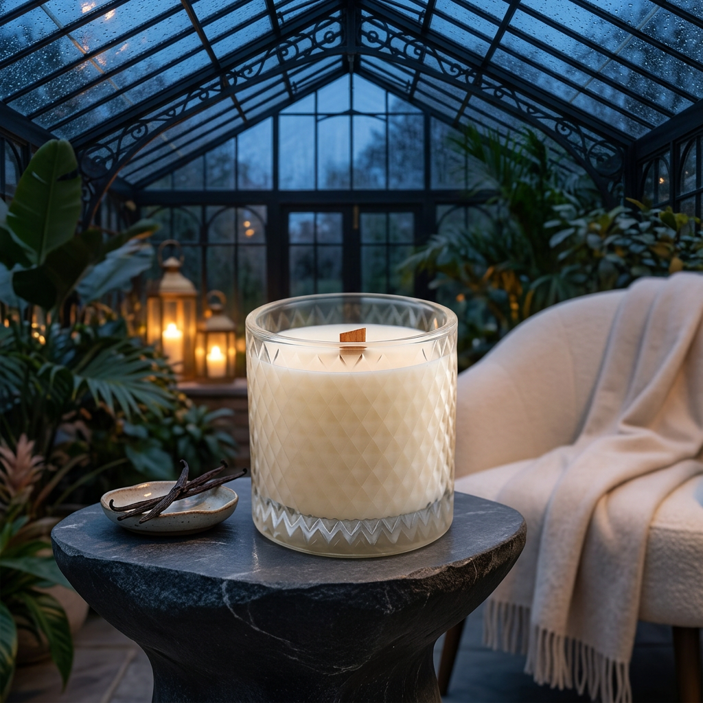 Unlit Cashmere Vanilla candle in a glass-roofed conservatory at dusk