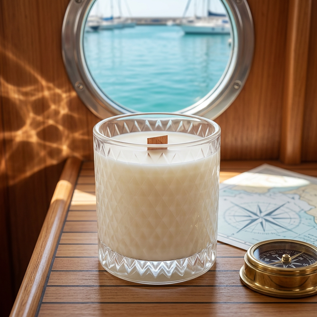 Unlit Coastal Cottage candle in a sailboat cabin at the marina