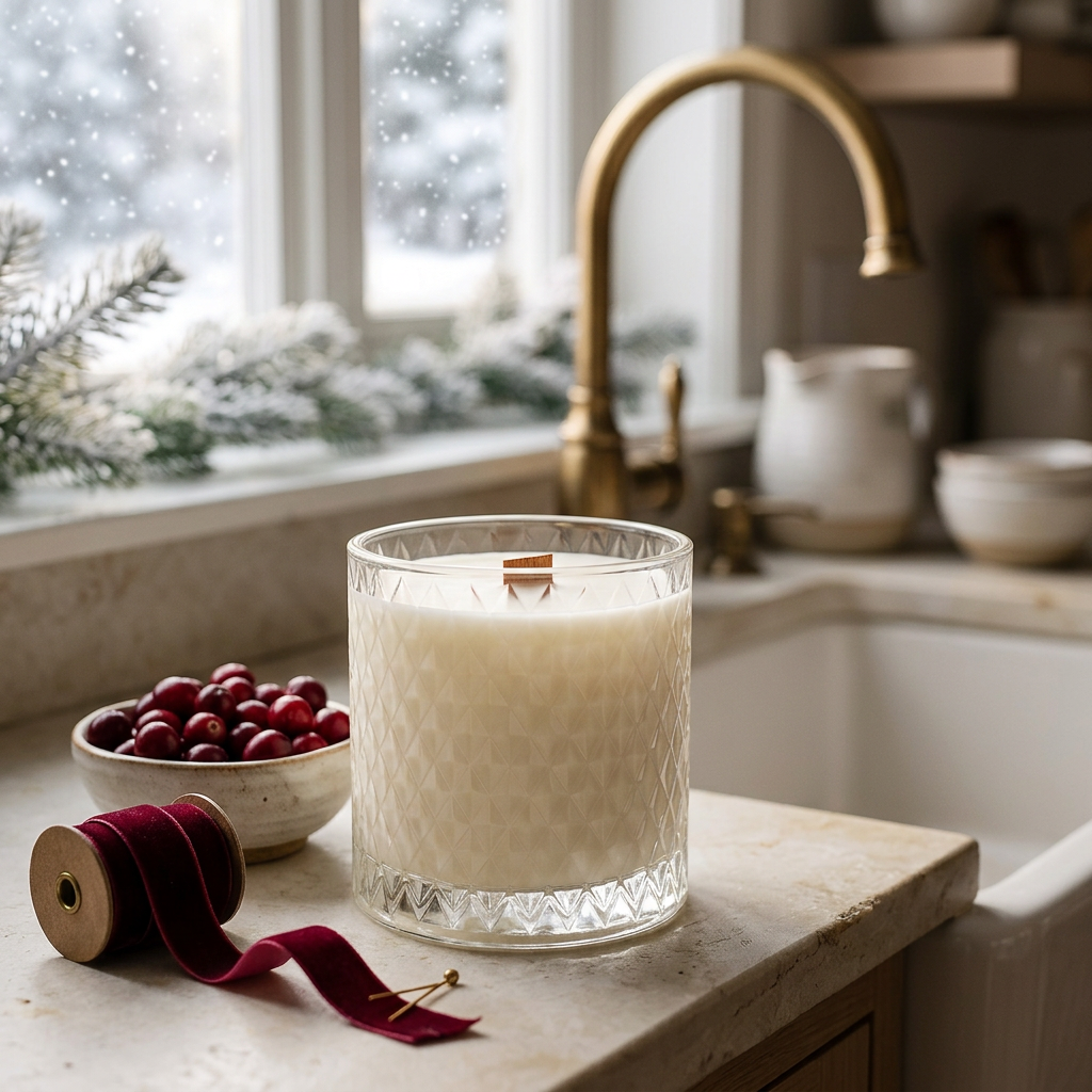 Unlit Cranberry Prosecco candle beside a festive farmhouse kitchen sink