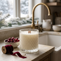 Unlit Cranberry Prosecco candle beside a festive farmhouse kitchen sink