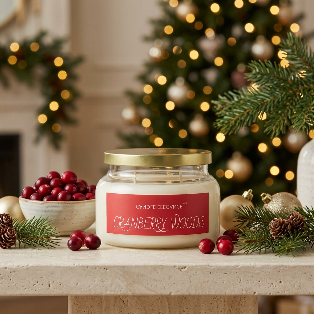 Unlit Cranberry Woods candle with festive cranberries and evergreen accents