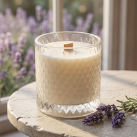 Unlit Lavender candle with a lavender garden in the background