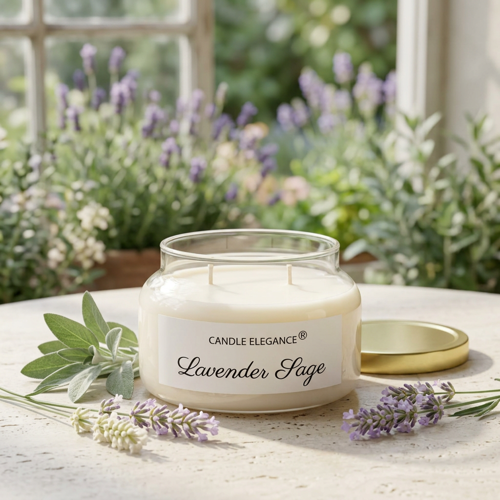 Unlit Lavender Sage candle with its gold lid beside it