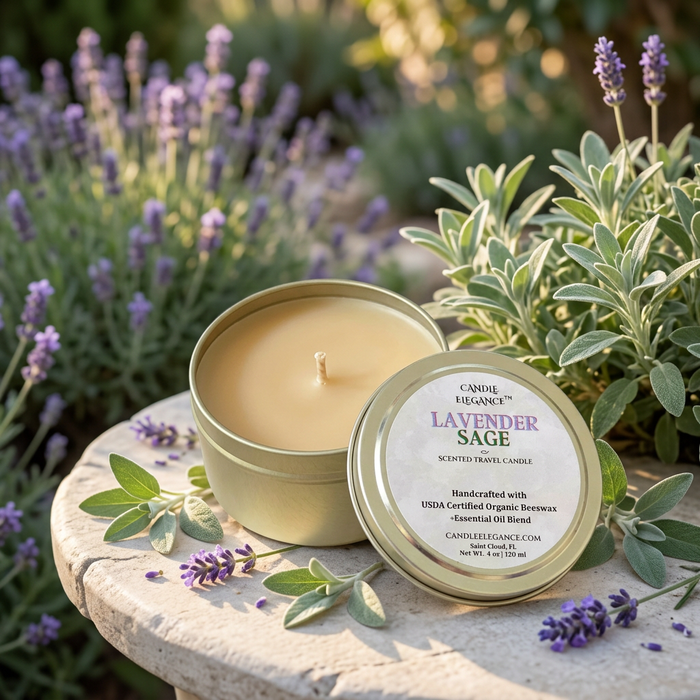 Unlit Lavender & Sage travel candle in an herb garden