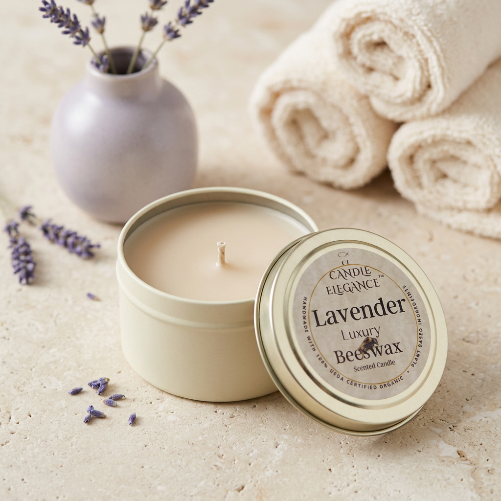 Unlit Lavender travel candle with creamy beige beeswax and a single cotton wick