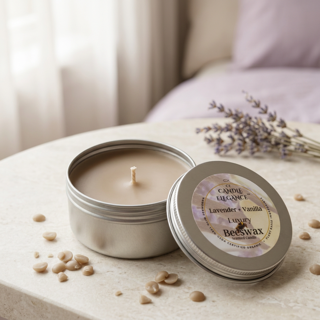 Unlit Lavender Vanilla travel candle with beige-taupe wax and scattered beeswax pellets