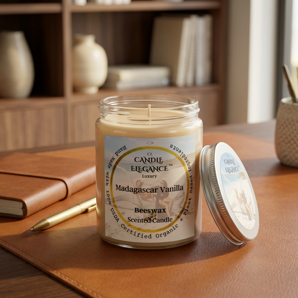 Unlit Madagascar Vanilla candle on a cognac leather desk