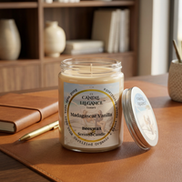 Unlit Madagascar Vanilla candle on a cognac leather desk