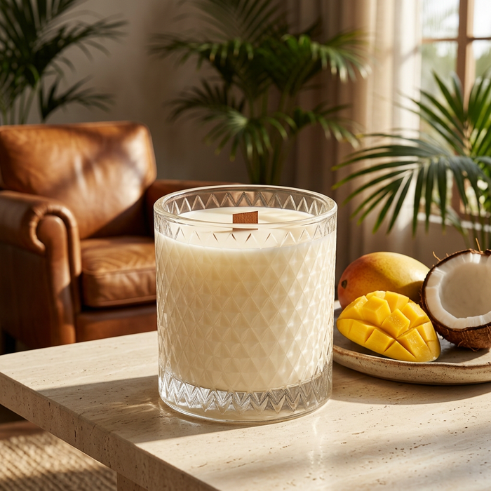 Unlit Mango & Coconut Milk candle in a warm tropical living room
