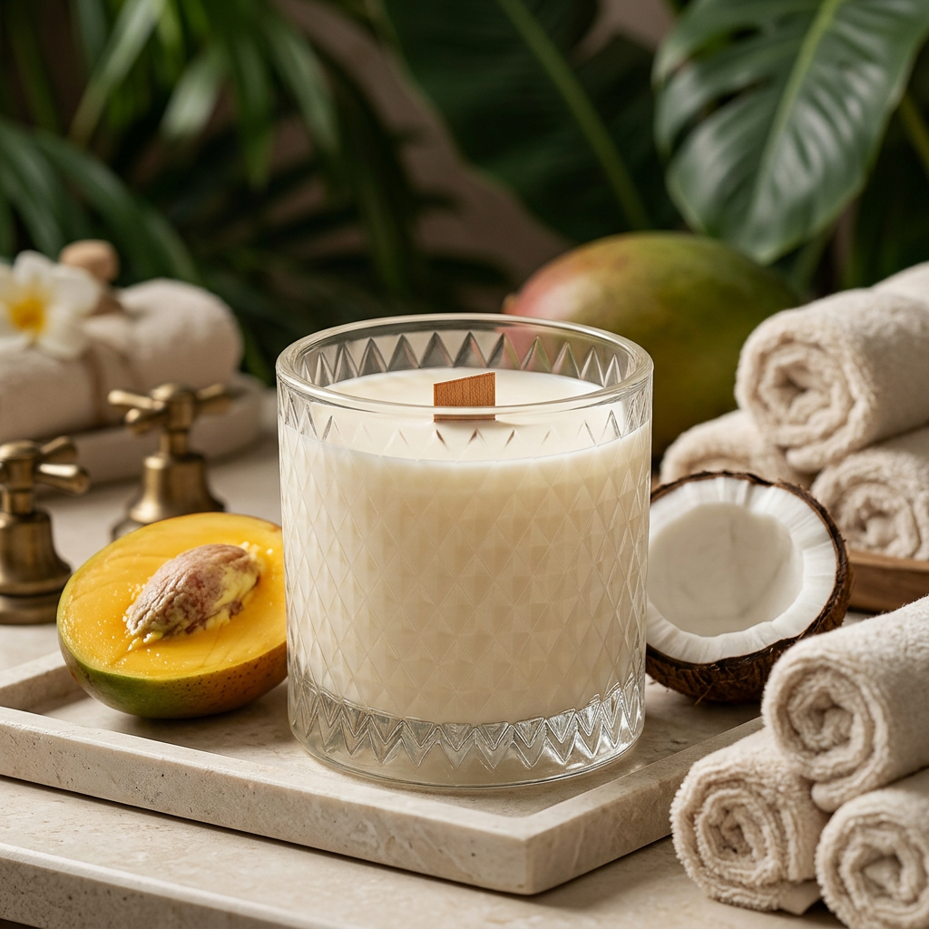Unlit Mango & Coconut Milk candle with mango and coconut accents in a spa setting
