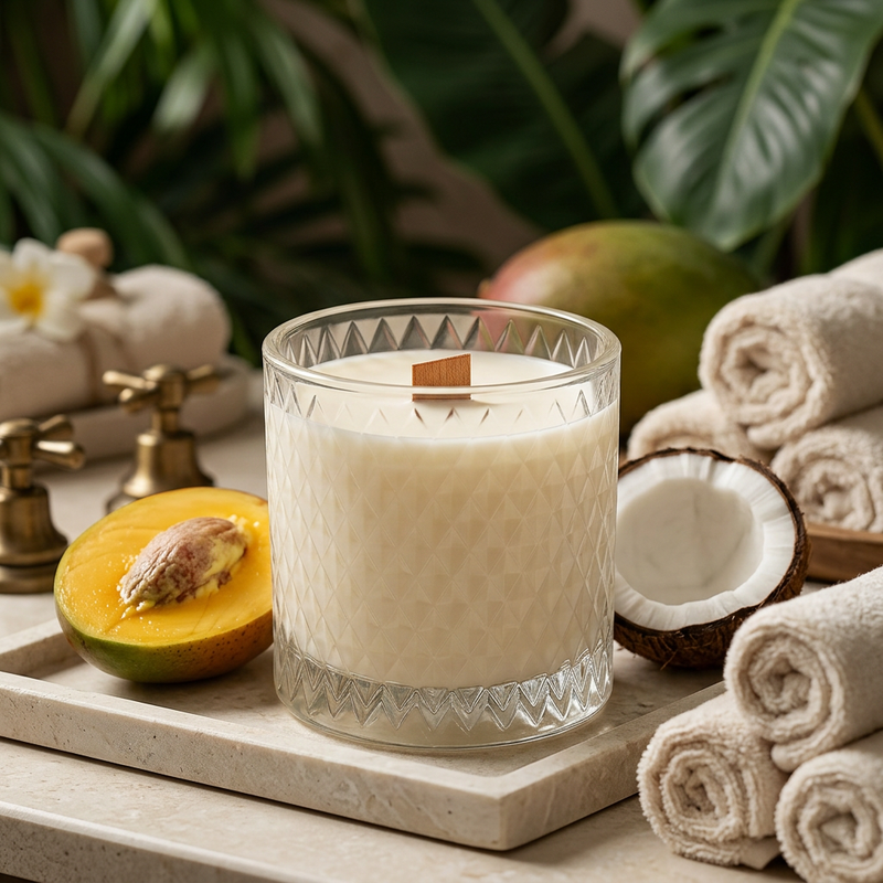 Unlit Mango & Coconut Milk candle with mango and coconut accents in a spa setting