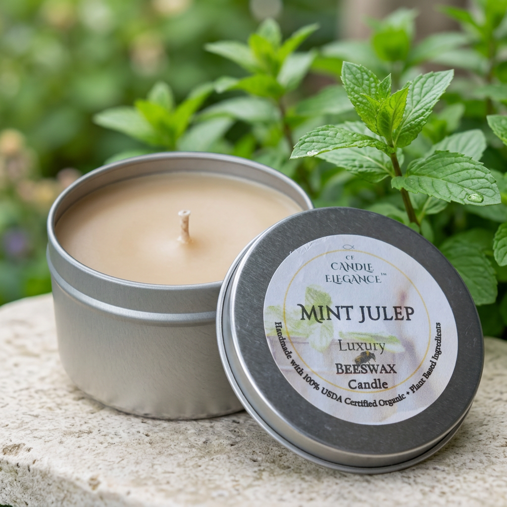 Unlit Mint Julep travel candle with beige wax in a mint garden