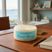 Unlit Ocean Breeze candle on a cognac leather desk