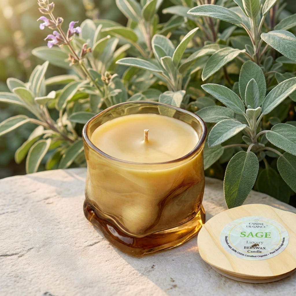 Unlit Sage candle with its lid beside it in a sage garden